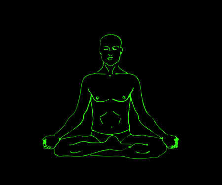 The man is meditating on a black background. Male silhouette. Vector illustration.のイラスト素材