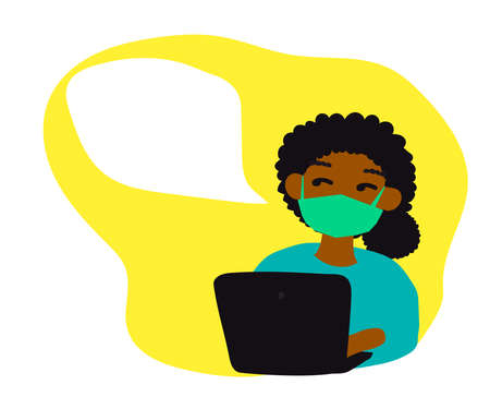 A girl in a medical mask works at home. Cartoon. Vector illustration.のイラスト素材