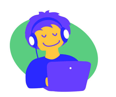 Teenager in headphones plays on a laptop. Cartoon. Vector illustration.のイラスト素材