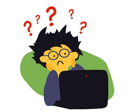Man, question mark and computer. Cartoon. Vector illustration.のイラスト素材