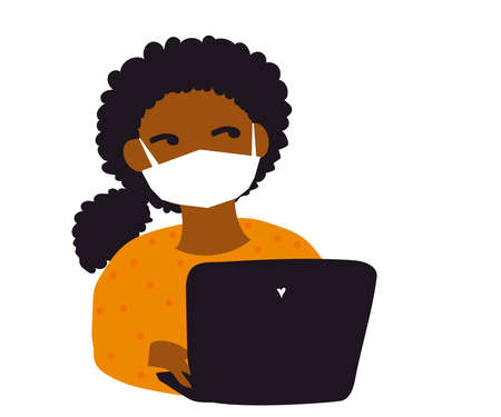 A young girl in a medical mask prints on a laptop. Vector illustration.のイラスト素材