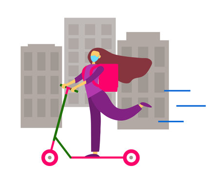 A courier delivers food on a scooter. Cartoon. Vector illustration.のイラスト素材