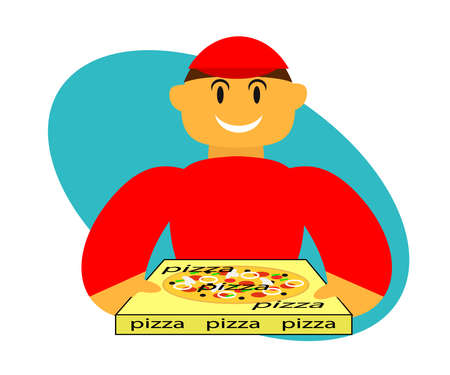 A courier delivers the pizza to your home. Cartoon. Vector illustration.のイラスト素材