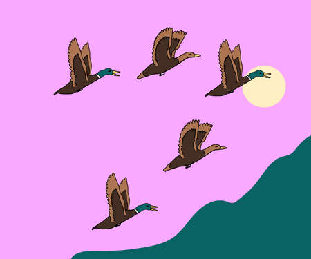 A flock of flying birds. Ducks and nature. Cartoon. Vector illustration.のイラスト素材