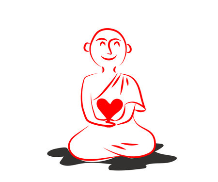 Buddhist monk sits in the lotus position and holds the heart. Silhouette. Vector illustration.のイラスト素材