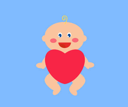 Newborn baby holding a red heart on a blue background. Cartoon. Vector illustration.のイラスト素材