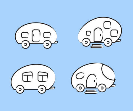 Collection of residential trailers on a blue background. House on wheels. Symbol. Vector illustration.のイラスト素材