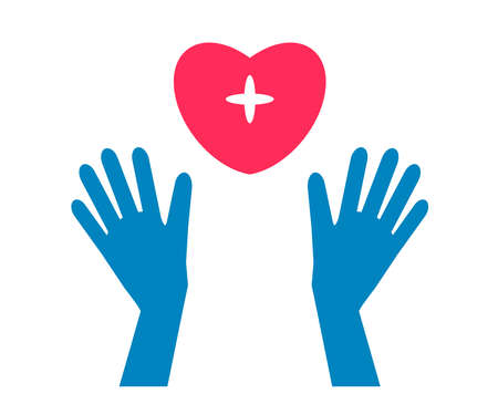 Hands in gloves and a heart on a white background. Symbol. Vector illustration.のイラスト素材