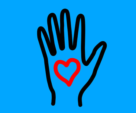 Human palm and heart on a blue background. Symbol. Vector illustration.のイラスト素材