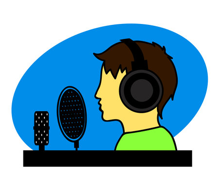 Character wearing headphones and microphone with pop filter. Sound recording studio. Vector illustration.のイラスト素材
