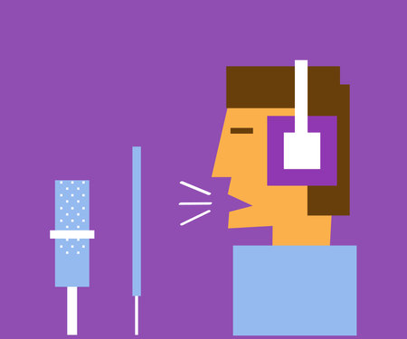 A man in headphones and a microphone with a pop filter. Sound recording studio. Vector illustration.のイラスト素材
