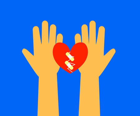 Hands and broken heart glued with plaster on a blue background. Vector illustration.のイラスト素材