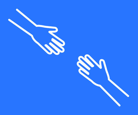 Hands of different people reach out to each other on a blue background. Silhouette. Vector illustration.のイラスト素材