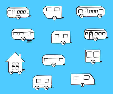 Travel trailer on a blue background. Collection. Vector illustration.のイラスト素材