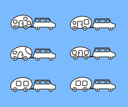 Car with a trailer on a blue background. Collection. Vector illustration.のイラスト素材