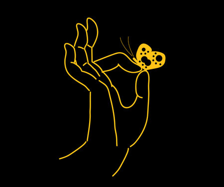 Buddha hand and butterfly on a black background. Sketch. Vector illustration.のイラスト素材