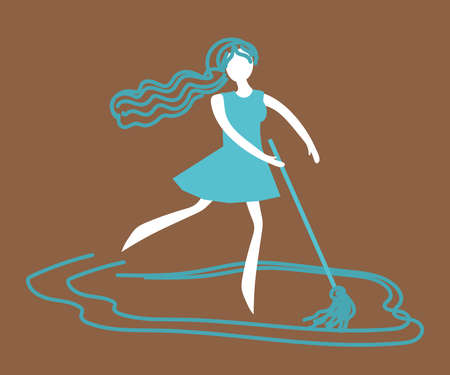 Cleaning lady with cleaning equipment. Symbol. Vector illustration.のイラスト素材