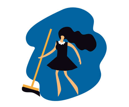 Cleaning lady with cleaning equipment. Symbol. Vector illustration.のイラスト素材