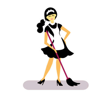 Cleaning lady with cleaning equipment. Cartoon. Vector illustration.のイラスト素材