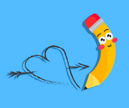 Enamored pencil and heart on a blue background. Cartoon. Vector illustration.のイラスト素材
