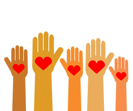Hands of various people are raised up on a white background. Symbol. Vector illustration.のイラスト素材