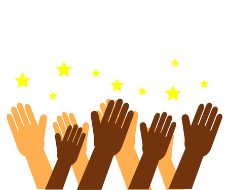 Hands of various people are raised up on a white background. Symbol. Vector illustration.のイラスト素材