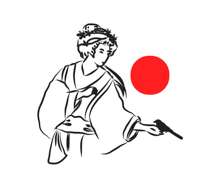 Japanese man and bird on a white background. Sketch Vector illustration.のイラスト素材