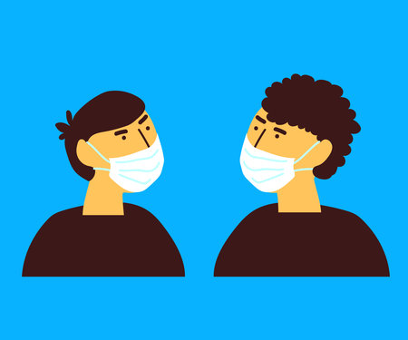 Two men in medical masks on a blue background. Cartoon. Vector illustration.のイラスト素材
