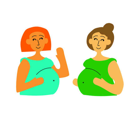 Two pregnant women talking on a white background. Cartoon. Vector illustration.のイラスト素材