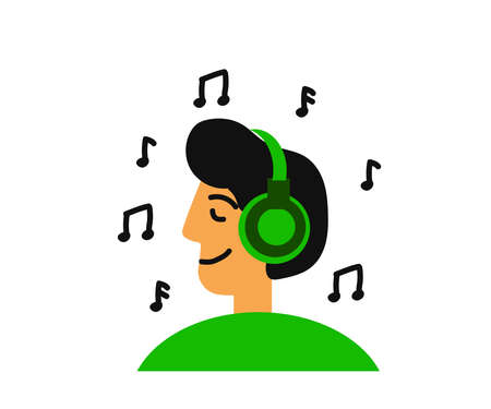 A man listens to music with headphones. Cartoon. Vector illustration.のイラスト素材