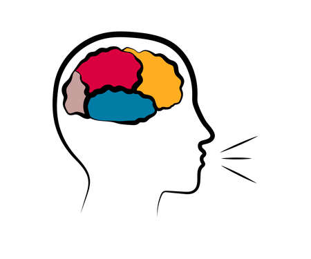 Areas of the brain and silhouette of the human head. Development of speech. Vector illustration.のイラスト素材