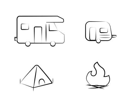 House on wheels. Tourist tent and bonfire on a white background Vector illustration.のイラスト素材