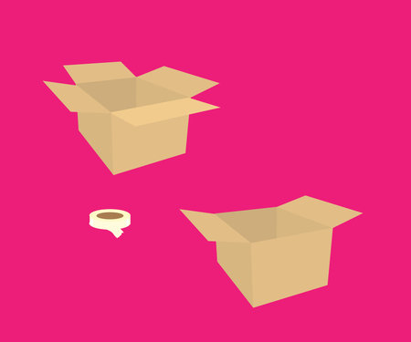 Cardboard boxes and glued tape on a pink background. Symbol. Vector illustration.