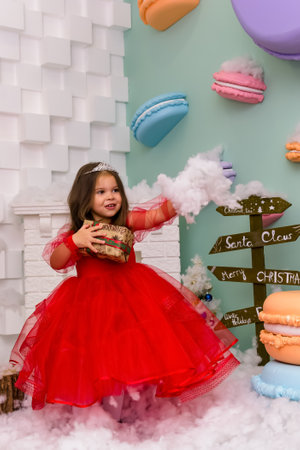 A little girl in red clothes have fun in the artificial snow by the fireplace in the studio. The girl is holding a box with gifts. A little kid in red christmas costume having fun beside a decorated christmas tree. A girl playing with falling artificial snow flakes near a christmas tree. A kid playing with artificial snow flakes falling near a christmas tree. Christmas concept. High quality photoの写真素材