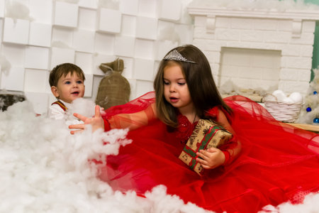 A little girl and a boy in red clothes have fun in the artificial snow by the fireplace in the studio. The girl is holding a box with gifts. Little kids in red christmas costume having fun beside a decorated christmas tree. Two kids playing with falling artificial snow flakes near a christmas tree.Kids playing with artificial snow flakes falling near a christmas tree. Christmas concept. High quality photoの写真素材