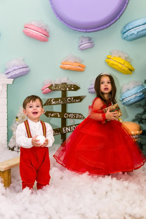 A little girl and a boy in red clothes have fun in the artificial snow by the fireplace in the studio. The girl is holding a box with gifts. Little kids in red christmas costume having fun beside a decorated christmas tree. Two kids playing with falling artificial snow flakes near a christmas tree.Kids playing with artificial snow flakes falling near a christmas tree. Christmas concept. High quality photoの写真素材