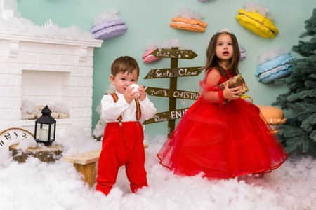 A little girl and a boy in red clothes have fun in the artificial snow by the fireplace in the studio. The girl is holding a box with gifts. Little kids in red christmas costume having fun beside a decorated christmas tree. Two kids playing with falling artificial snow flakes near a christmas tree.Kids playing with artificial snow flakes falling near a christmas tree. Christmas concept. High quality photoの写真素材