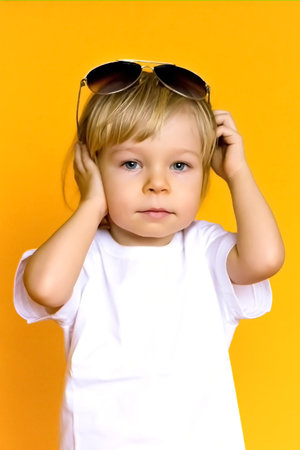 A 2-year-old child with blond hair wearing a white t-shirt with sunglasses on a yellow background. Emotions. The concept of childhood and family. Child front view on yellow isolated background with happy and excited expressionの写真素材