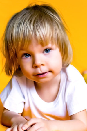 The kid is 2 years old with blonde hair, dressed in a white T-shirt and yellow pants on a yellow background. Emotions. The concept of childhood and family. Baby front view yellow isolated background with a happy and excited expressionの写真素材