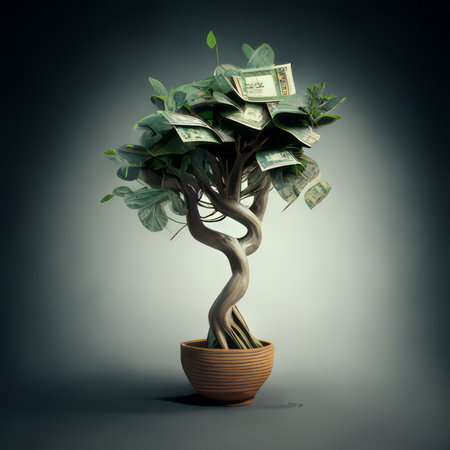 Money Tree of Dollars. Money tree concept with room for text or copy space. Dollar. Bitcoin. Cryptocurrencyの写真素材