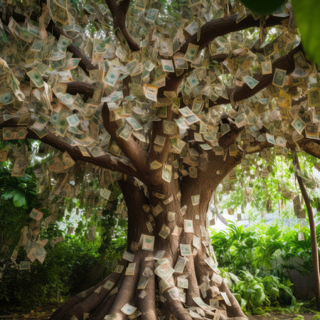 Money Tree of Dollars. Money tree concept with room for text or copy space. Dollar. Bitcoin. Cryptocurrency. AI generatedの素材