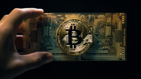 Trading, chart, bitcoin, money, rich. Close-up bitcoin coin with flying coins. Bitcoin Crypto currency Gold BTC Bit Coin close up of Bitcoin coins isolated. Blockchain technology, bitcoin mining conceptの素材