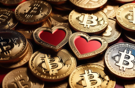 Bitcoin coin with red hearts on the red background, love, Bitcoin physical coin on red hearts for fans of cryptocurrencies. Love of money, electronic money conceptの素材