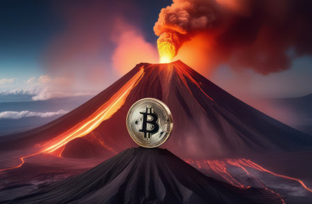 Bitcoin coin is on top of a volcano, volcanic eruption, cryptocurrency. Bitcoin cryptocurrency design. Photography of bitcoin cryptocurrency convulsing out of volcano with lava. Bitcoun growing fastの素材