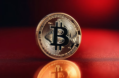 Bitcoin coin with red hearts on the red background, love, Bitcoin physical coin on red hearts for fans of cryptocurrencies. Love of money, electronic money conceptの素材