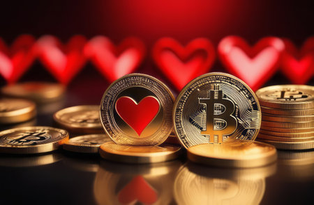 Bitcoin coin with red hearts on the red background, love, Bitcoin physical coin on red hearts for fans of cryptocurrencies. Love of money, electronic money conceptの素材