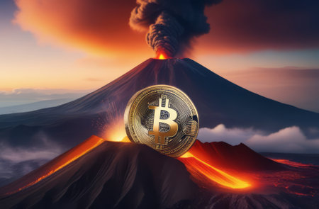 Bitcoin coin is on top of a volcano, volcanic eruption, cryptocurrency. Bitcoin cryptocurrency design. Photography of bitcoin cryptocurrency convulsing out of volcano with lava. Bitcoun growing fastの素材