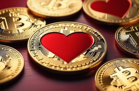 Bitcoin coin with red hearts on the red background, love, Bitcoin physical coin on red hearts for fans of cryptocurrencies. Love of money, electronic money conceptの素材