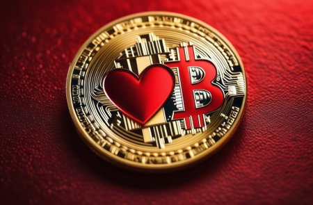 Bitcoin coin with red hearts on the red background, love, Bitcoin physical coin on red hearts for fans of cryptocurrencies. Love of money, electronic money conceptの素材