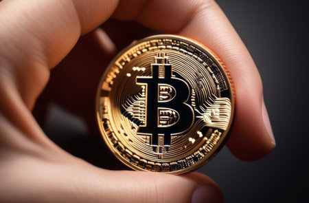 Close up fun emotional young female is holding bitcoin. Online virtual future currency concept. Digital cryptocurrency bitcoin with place to place text Bitcoin coin is in the hand of a person, the brush of the hand, fingers personの素材